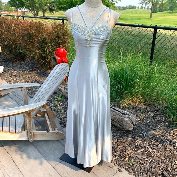 Vintage Dresses & Skirts - Vintage Silver Satin Maxi Dress with Beaded Bodice Grad Prom dress